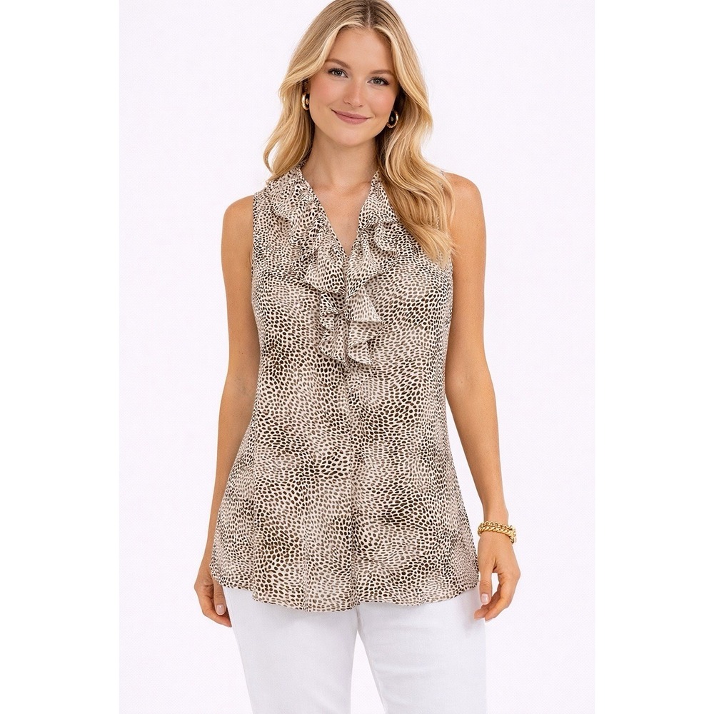 Beau + Apparel Blouse Womens XL Animal Print Ruffle‎ Neck Sleeveless Stitch Fix